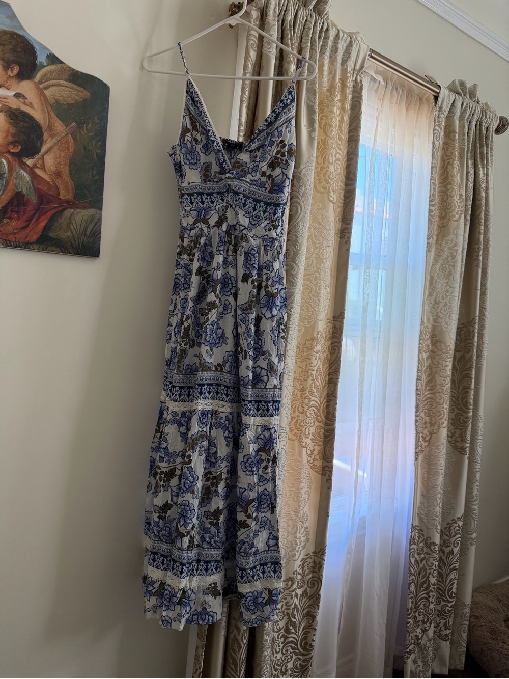 Angie Blue and White Floral Spaghetti-Strap Maxi Dress